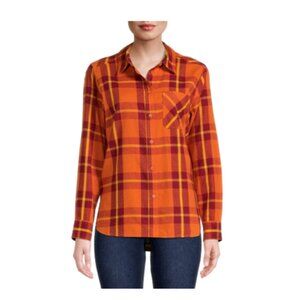Time and Tru Womens Ladies Orange Long Sleeve Button Up Flannel Shirt Sz S NEW